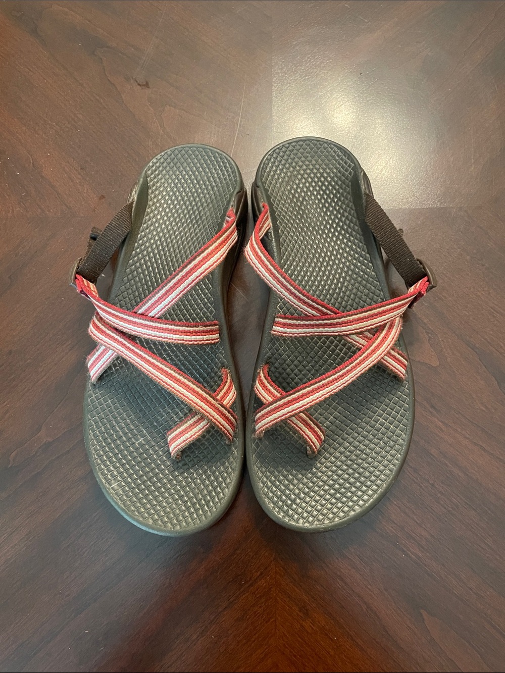 Women’s Chacos Brown with Red and Orange Straps Size 8